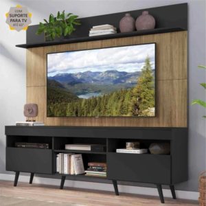 Rack com Painel e Suporte TV 65" Madri Multimóveis Preto/Rustic com Prateleira e Pés Retrô Preto